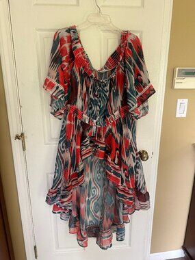 Joy & Ash Plus Size 2X Boho Tunic Top Coral Teal Abstract Print Flowy Blouse